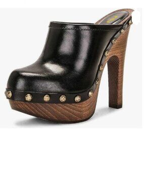 FSJ Black Round Toe Mules Wooden Block High Heel Clogs Slip On Studded Sandals